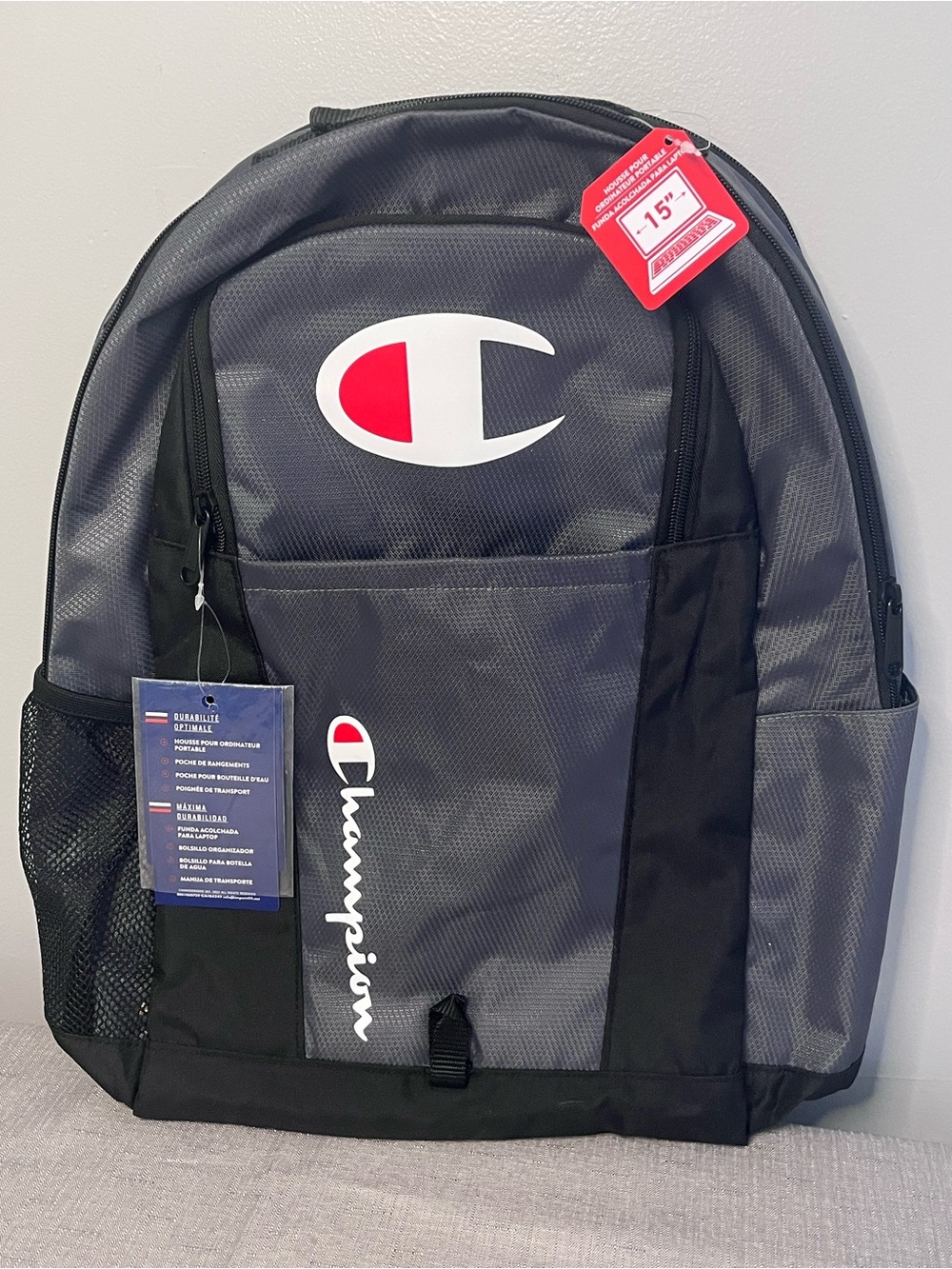 Champion Gray & Black Backpack with Red Logo Accent